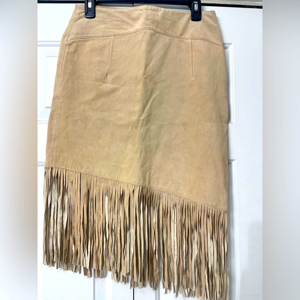 bebe Tan Suede Fringe Midi Skirt